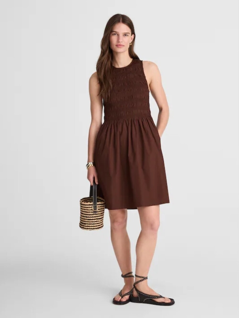NWT Madewell Melody Smocked Mini Dress Women's Sz XL Brown Sleeveless Pockets